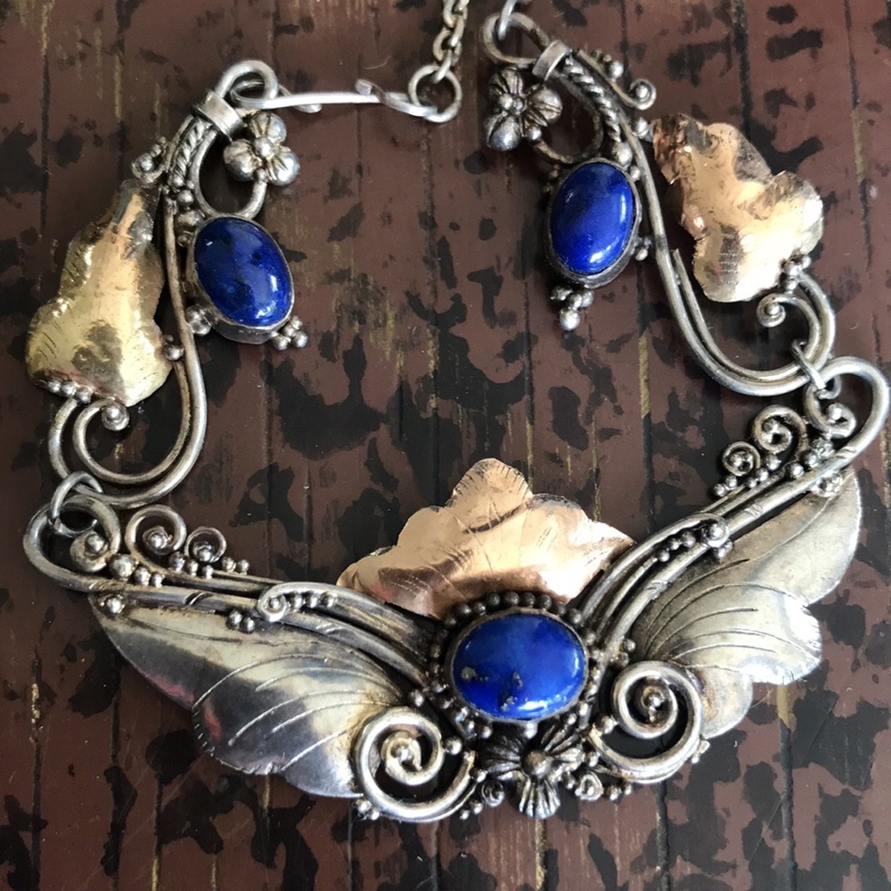 Antique Art Nouveau Sterling Silver and Gold-tone Lapis Necklace